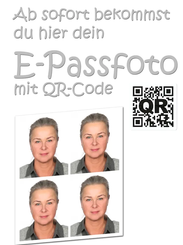 Ab sofort bekommst Du hier Dein E-Passfoto mit QR-Code — Beispiel eines biometrischen Passbildbogens.